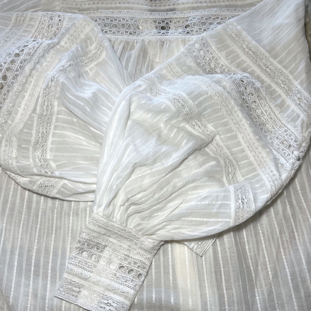 L'AGENCE Kiera Lace Inset Button Down Blouse Balloon Sleeve Boho Top - Picture 9 of 12